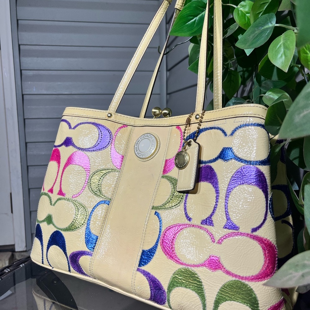 Multicolored Metallics & Creme Patent Leather Large Coach Signature Purse